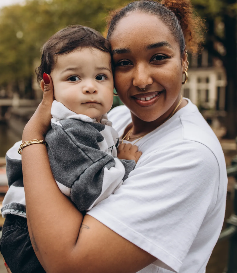 Close portrait of a mother and her toddler son, Amsterdam