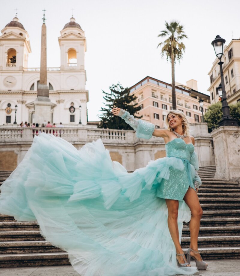 Mint tulle flying dress caught mid-air on the Spanish Steps, Rome